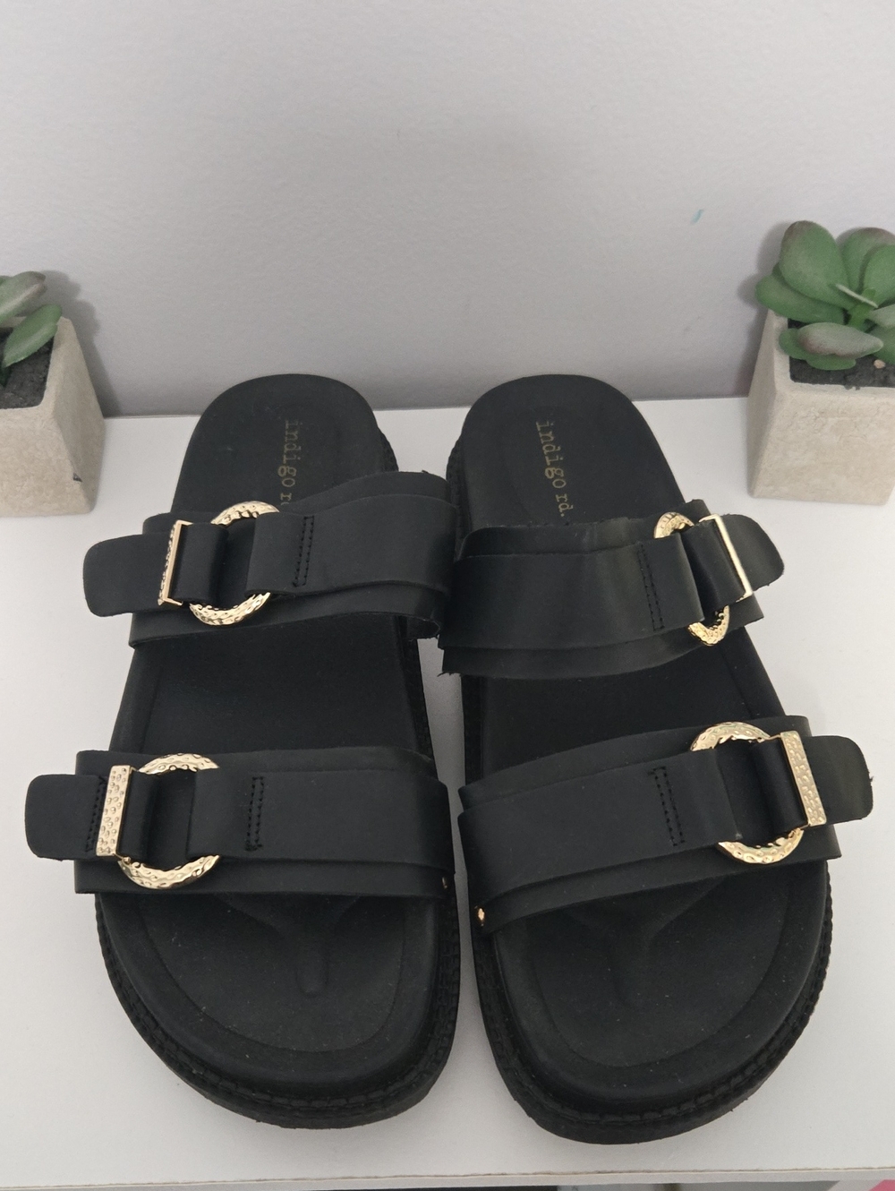 Indigo Black Dual-Strap Slide Sandals with Gold Buckles